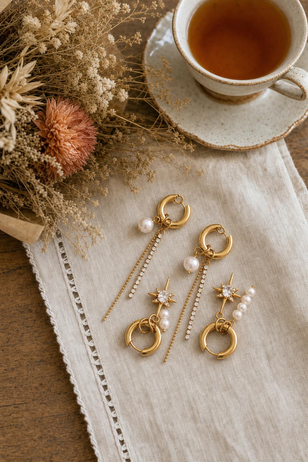 18k gold plated stainless steel mismatched huggie earrings with baroque pearl CZ north star charm and CZ tennis chain drop, hypoallergenic tarnish resistant editorial statement earrings by The Intertwined Collective, Dallas Texas — displayed on a linen napkin with tea and dried florals