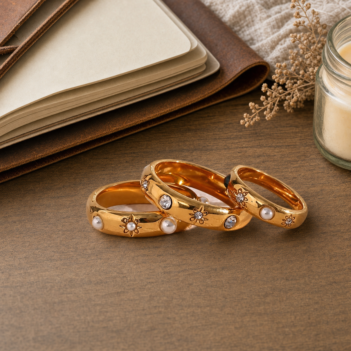 18k gold plated stainless steel celestial star dome ring in clear CZ accent, hypoallergenic tarnish resistant stacking ring, Dallas Texas - displayed on a rustic wood desk with a leather journal and dried florals