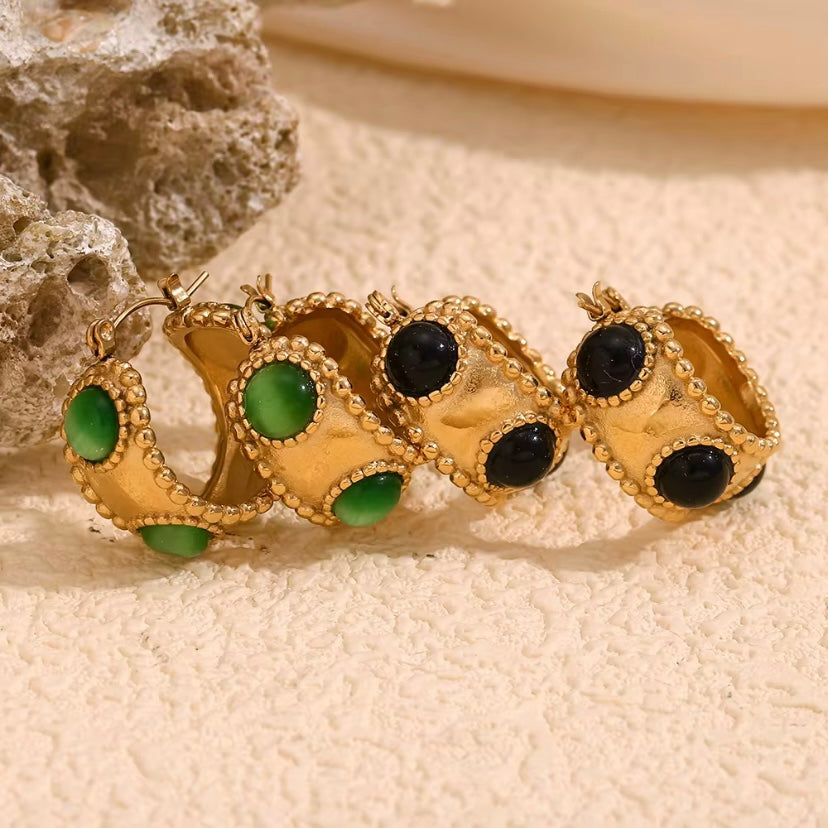 18k gold plated stainless steel chunky hoop earrings with black cabochon stones and beaded gold border, hypoallergenic tarnish resistant bold statement hoops by The Intertwined Collective, Dallas Texas