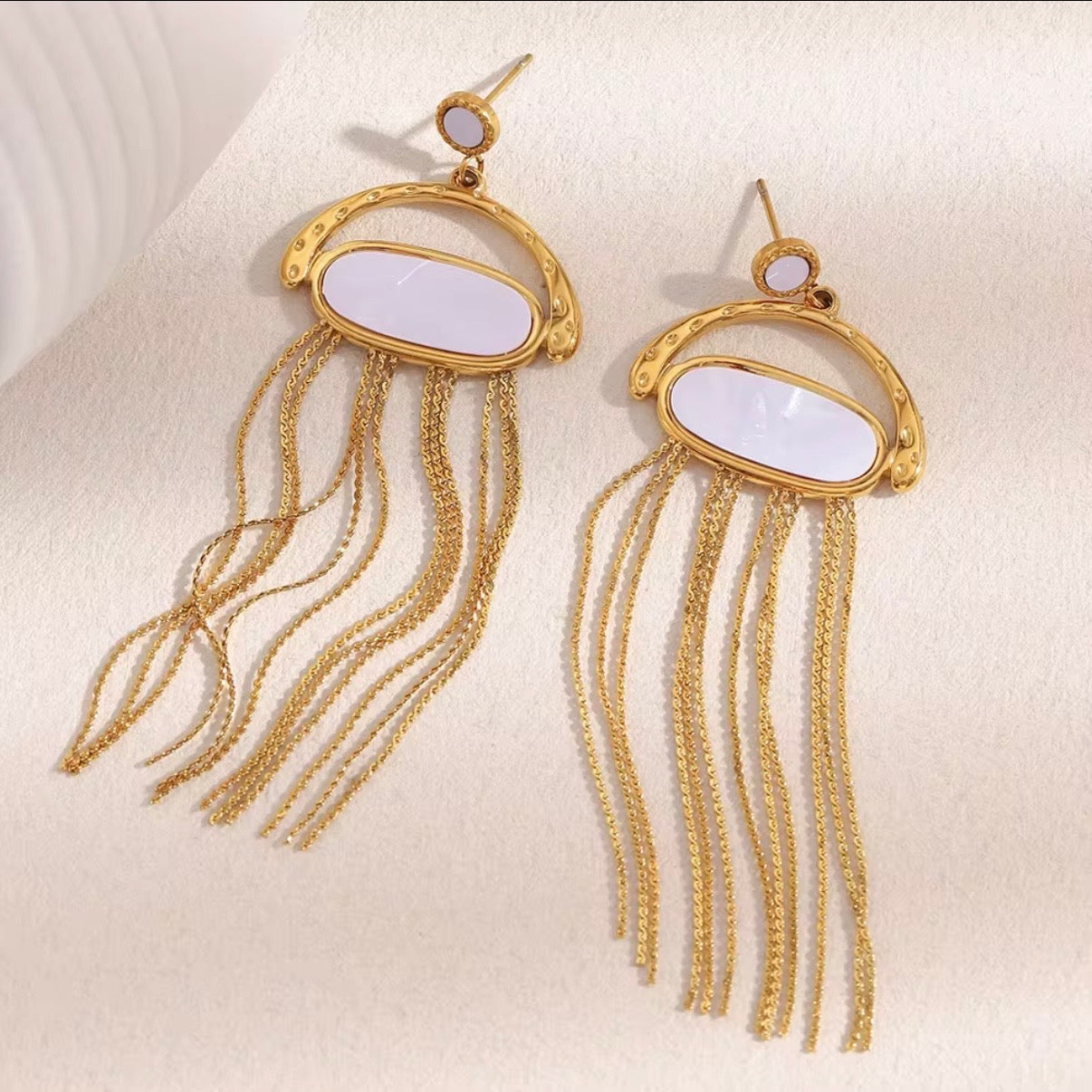 White Oval & Gold Chain Fringe Drop Earrings