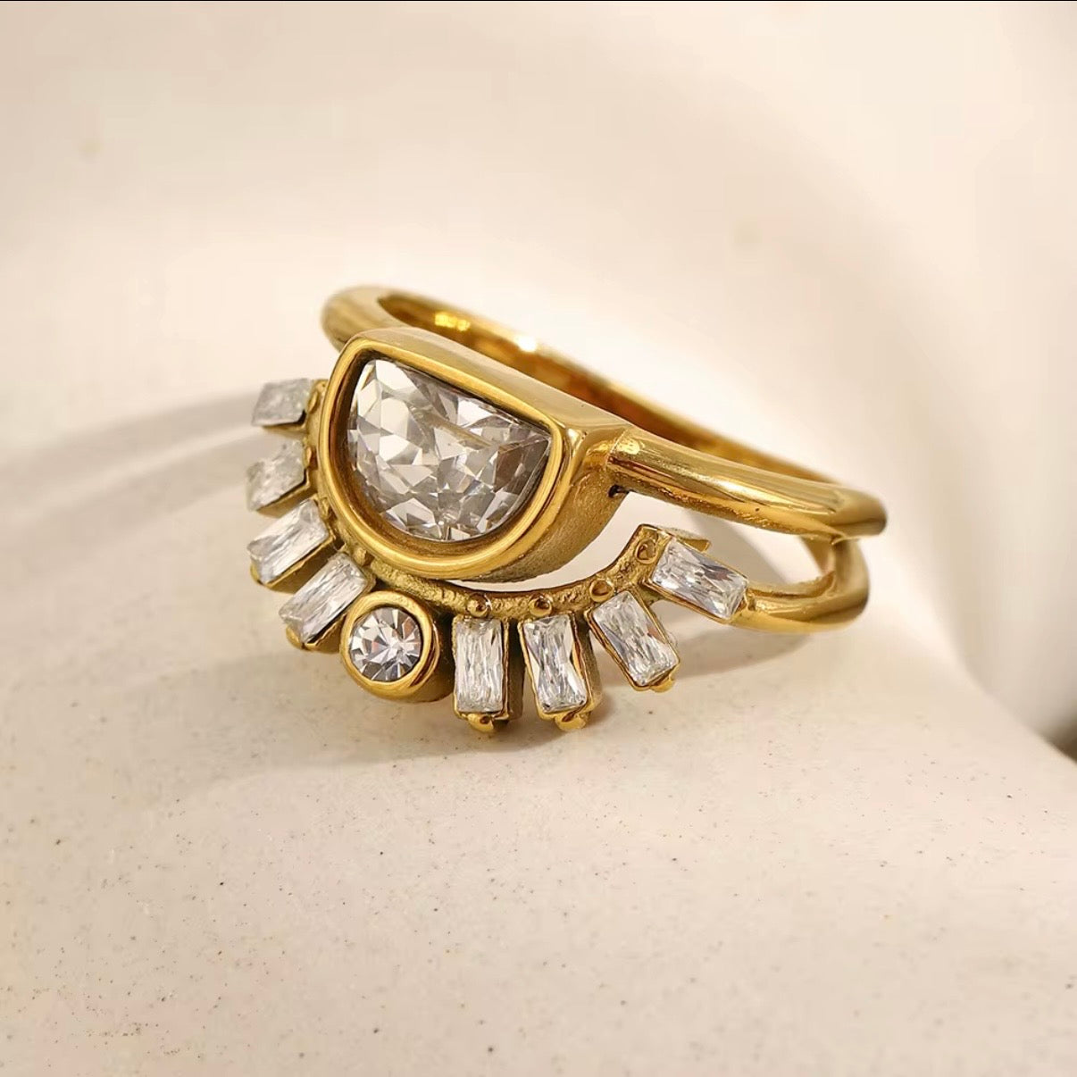 Gold double band ring set with bezel-set half-cut CZ center stone, baguette fan halo, and round CZ accent – hypoallergenic tarnish resistant statement ring