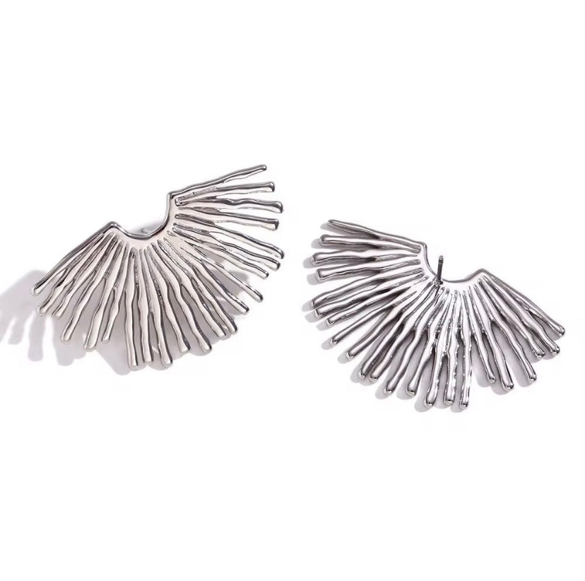 18k gold plated and silver tone stainless steel oversized sunburst ray fan stud earrings with hammered texture in gold and silver, hypoallergenic tarnish resistant artisan statement earrings by The Intertwined Collective, Dallas Texas