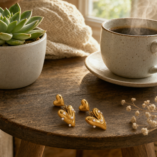 18k gold plated stainless steel double puffed heart drop earrings with scattered mini pearl accents, hypoallergenic tarnish resistant romantic statement earrings by The Intertwined Collective, Dallas Texas — displayed on a round wood side table with a succulent and coffee
