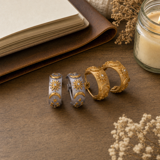 18k gold plated stainless steel dual-stone open coil ring with bezel-set round and pear-cut CZ stones, available in green, pink, and blue, hypoallergenic tarnish resistant stackable ring by The Intertwined Collective, displayed on a rustic wood desk with a leather journal, candle, and dried florals