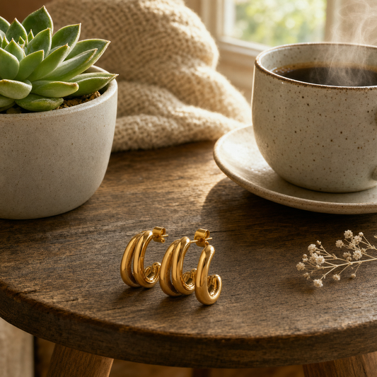 18k gold plated stainless steel double band chunky C-hoop earrings with high-polish mirror finish, hypoallergenic tarnish resistant stacked hoop earrings by The Intertwined Collective, Dallas Texas, displayed on a round wood side table with a succulent and coffee