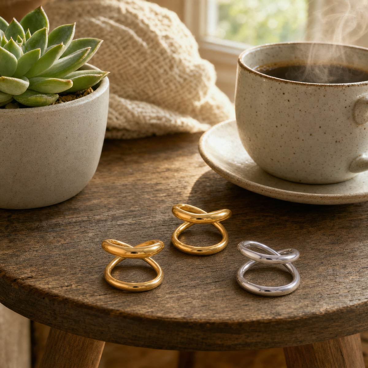 Two-tone 18k gold and silver tone stainless steel infinity knot ring, close-up of sculptural figure-eight knot detail, hypoallergenic tarnish resistant statement ring, Dallas Texas - displayed on a round wood side table with a succulent and coffee