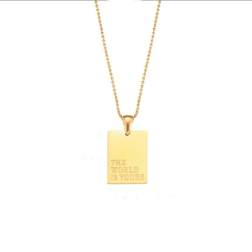 18k gold plated stainless steel affirmation tag pendant necklace on delicate ball chain with engraving options More Self Love, Made of Magic, Loved, and Breathe, hypoallergenic tarnish resistant meaningful gift necklace by The Intertwined Collective, Dallas Texas