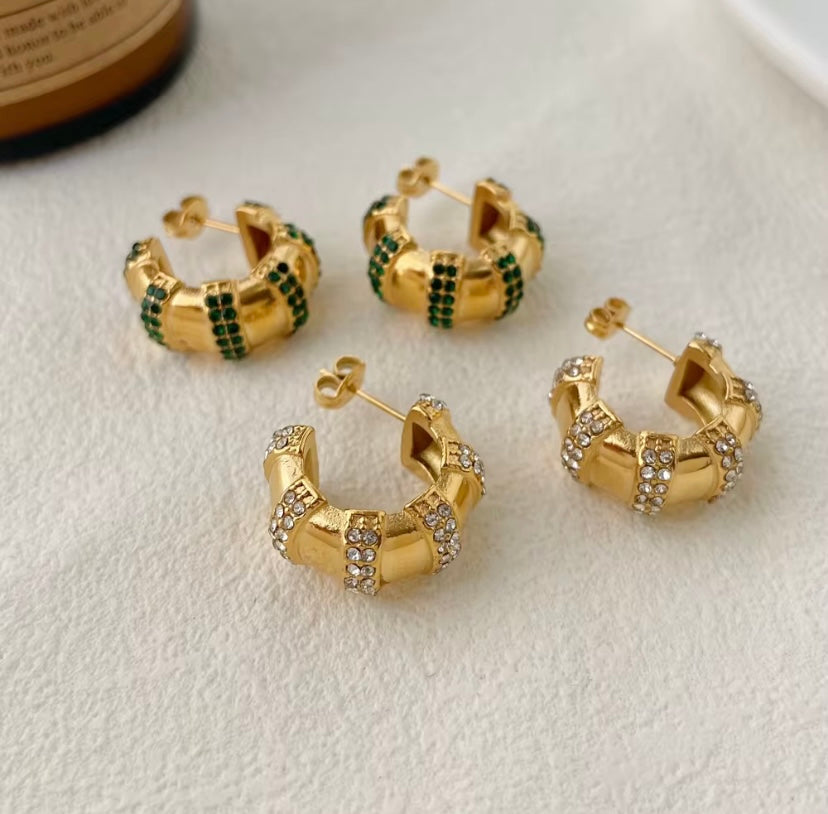 18k gold plated stainless steel bamboo segment pavé CZ hoop earrings with emerald green and clear CZ crystal channel stripes, hypoallergenic tarnish resistant statement hoops by The Intertwined Collective, Dallas Texas