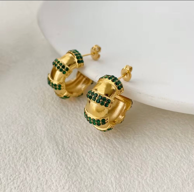 18k gold plated stainless steel bamboo segment pavé CZ hoop earrings with emerald green and clear CZ crystal channel stripes, hypoallergenic tarnish resistant statement hoops by The Intertwined Collective, Dallas Texas