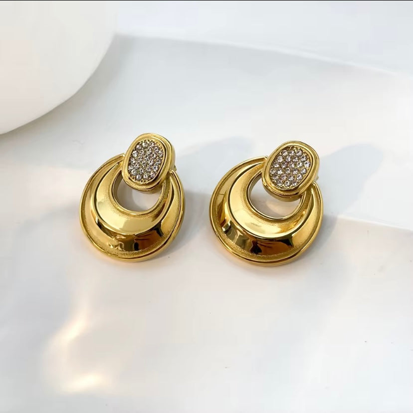 18k gold plated stainless steel CZ pavé oval stud and crescent drop earrings, hypoallergenic tarnish resistant statement drop earrings by The Intertwined Collective, Dallas Texas
