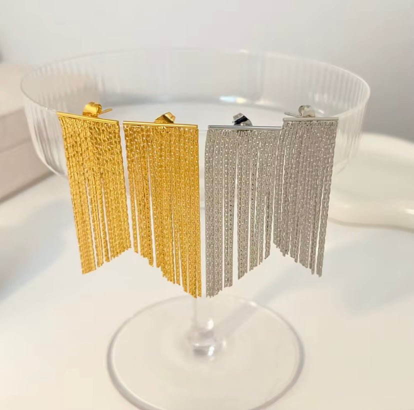 18k gold plated and silver tone stainless steel chain fringe tassel bar stud earrings in gold and silver, hypoallergenic tarnish resistant glamorous statement earrings by The Intertwined Collective, Dallas Texas