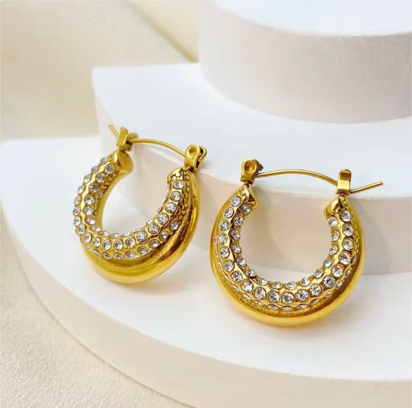 18k gold plated stainless steel chunky CZ pavé hoop earrings with dense crystal encrustation, hypoallergenic tarnish resistant glam hoop earrings by The Intertwined Collective, Dallas Texas