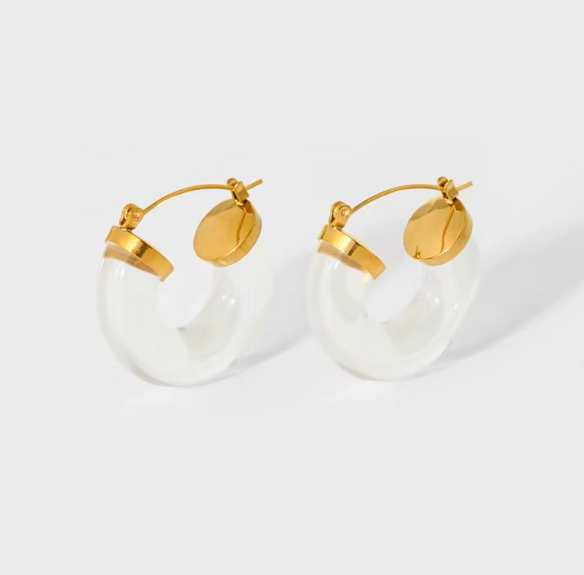 Chunky polished resin C-hoop earrings with gold latch back hardware in hot pink, light pink, emerald green, and clear, hypoallergenic tarnish resistant colorful statement hoops by The Intertwined Collective, Dallas Texas