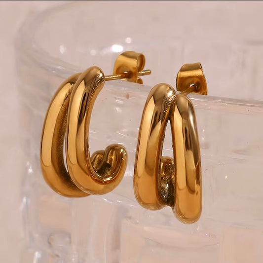 18k gold plated stainless steel double band chunky C-hoop earrings with high-polish mirror finish, hypoallergenic tarnish resistant stacked hoop earrings by The Intertwined Collective, Dallas Texas