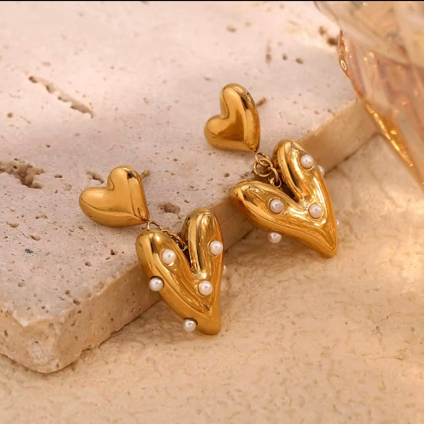 18k gold plated stainless steel double puffed heart drop earrings with scattered mini pearl accents, hypoallergenic tarnish resistant romantic statement earrings by The Intertwined Collective, Dallas Texas