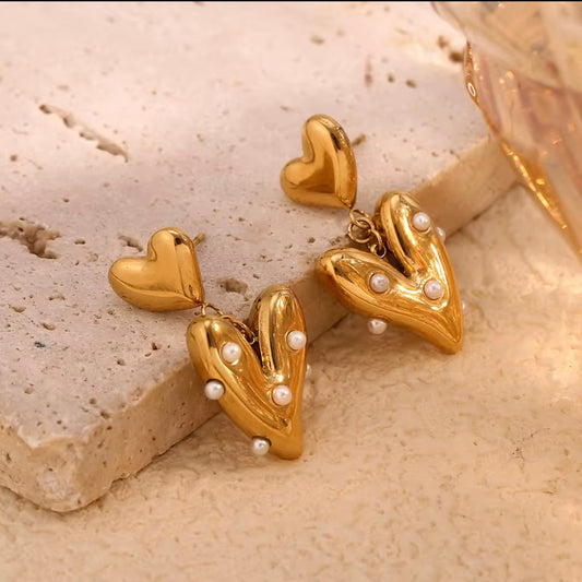 18k gold plated stainless steel double puffed heart drop earrings with scattered mini pearl accents, hypoallergenic tarnish resistant romantic statement earrings by The Intertwined Collective, Dallas Texas
