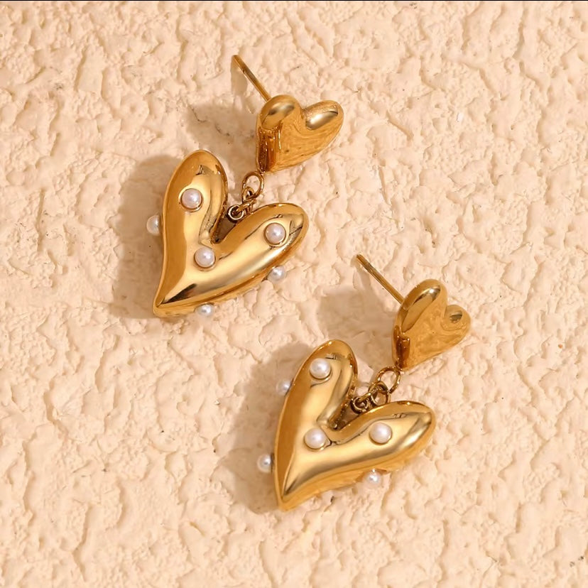 18k gold plated stainless steel double puffed heart drop earrings with scattered mini pearl accents, hypoallergenic tarnish resistant romantic statement earrings by The Intertwined Collective, Dallas Texas