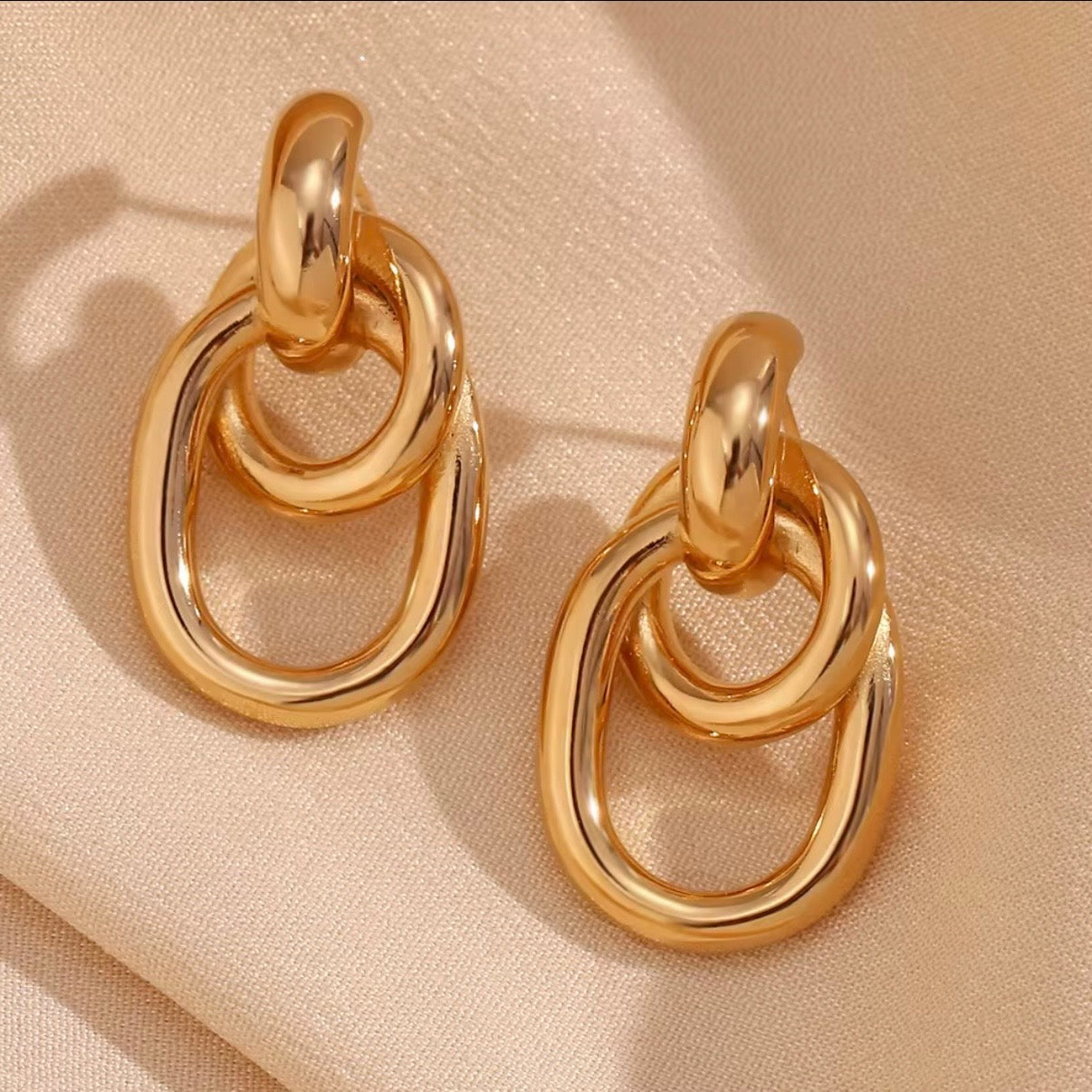 18k gold plated stainless steel double link chain drop earrings in gold and two-tone gold silver finish, hypoallergenic tarnish resistant statement earrings by The Intertwined Collective, Dallas Texas