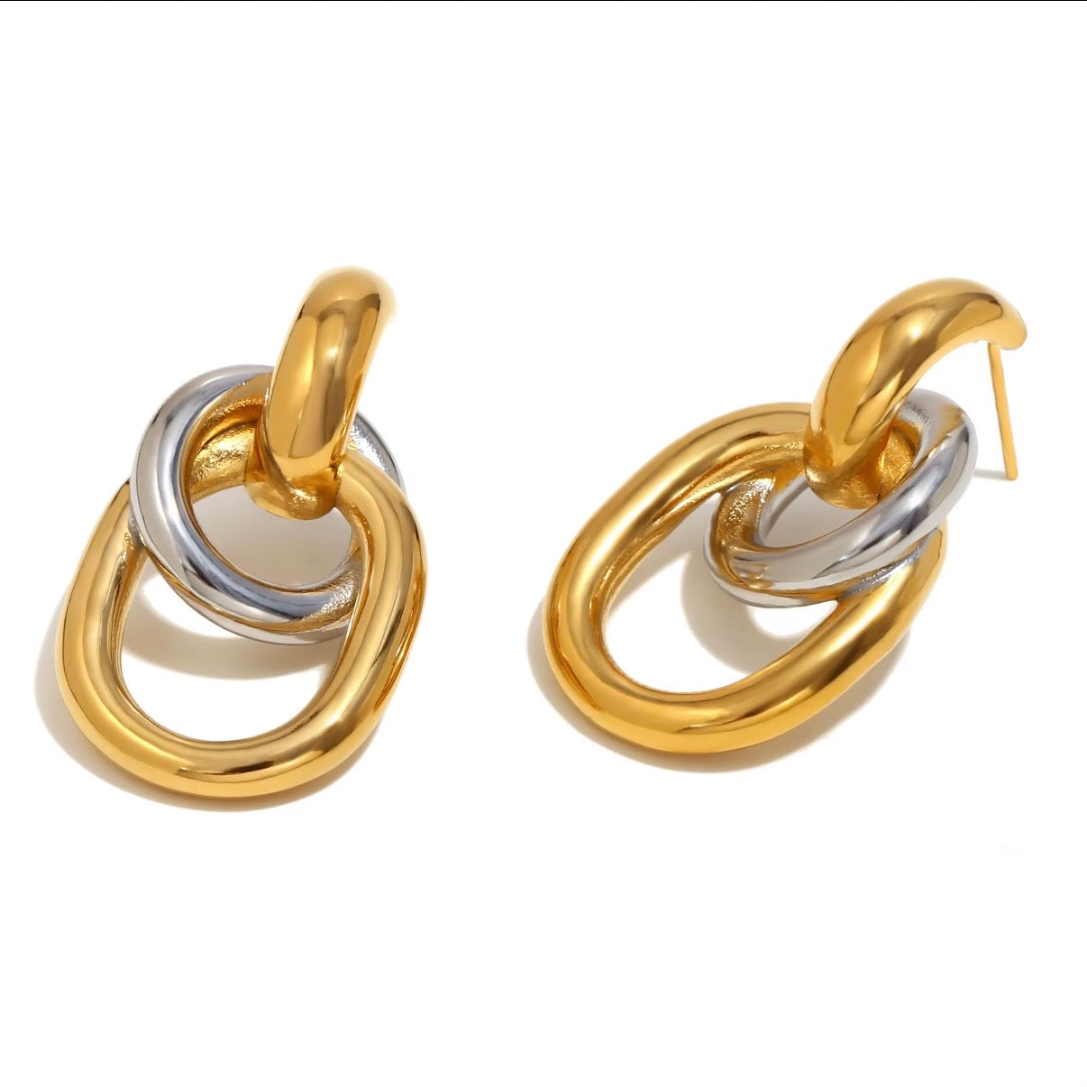 18k gold plated stainless steel double link chain drop earrings in gold and two-tone gold silver finish, hypoallergenic tarnish resistant statement earrings by The Intertwined Collective, Dallas Texas