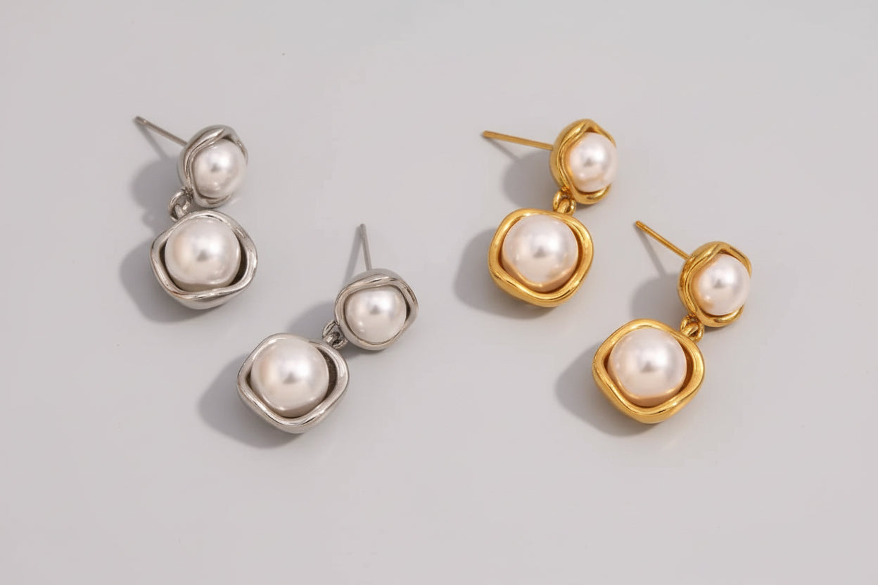 18k gold plated and silver tone stainless steel double pearl wrapped drop earrings in gold and silver, hypoallergenic tarnish resistant pearl drop earrings by The Intertwined Collective, Dallas Texas