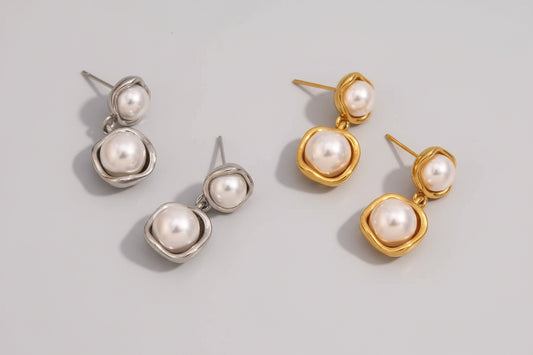 18k gold plated and silver tone stainless steel double pearl wrapped drop earrings in gold and silver, hypoallergenic tarnish resistant pearl drop earrings by The Intertwined Collective, Dallas Texas