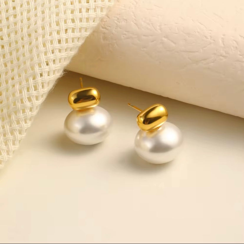 18k gold plated stainless steel dome cap and oversized pearl stud earrings, hypoallergenic tarnish resistant classic pearl earrings by The Intertwined Collective, Dallas Texas
