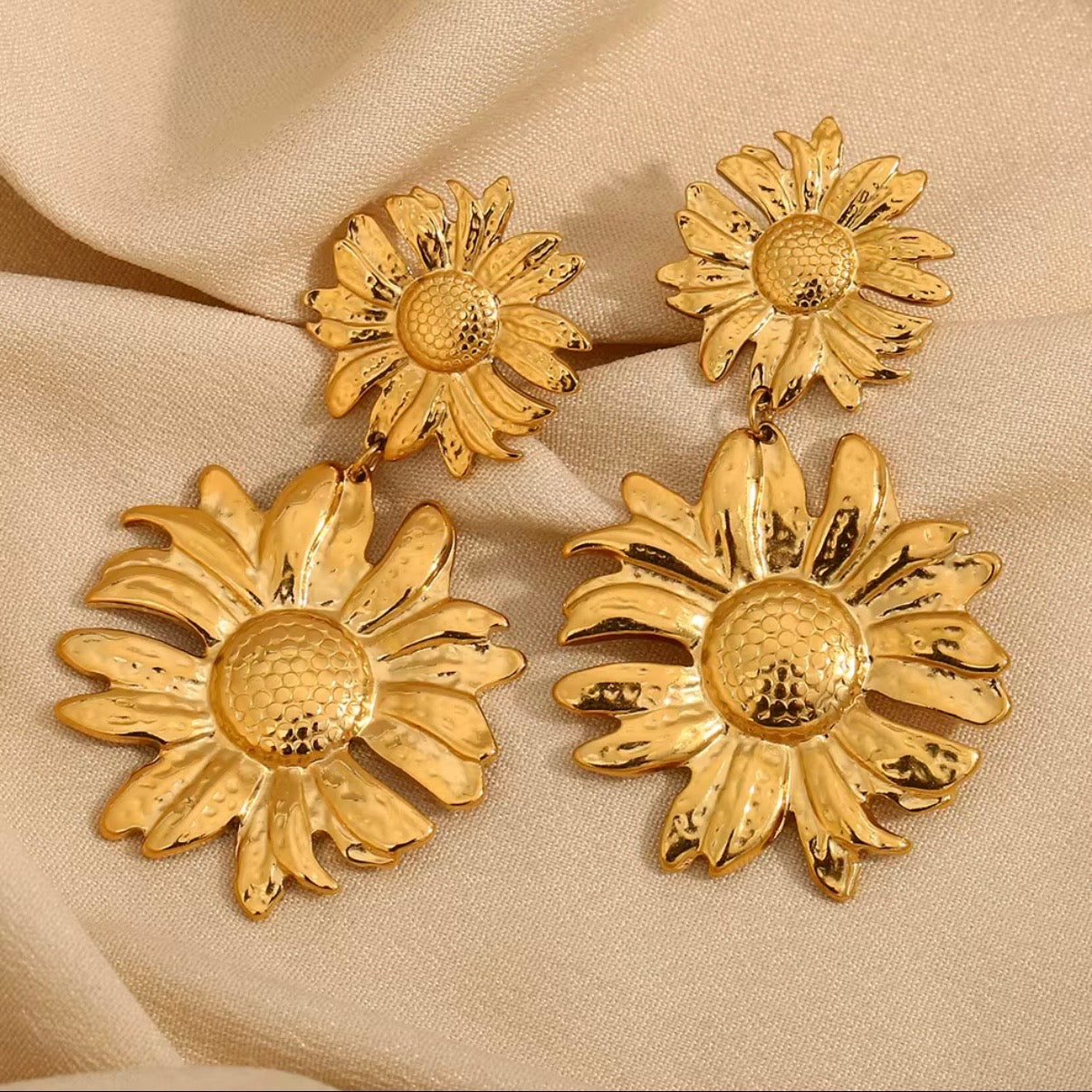 Gold sunflower stud earrings with textured petals and raised center – hypoallergenic, water- and tarnish‑resistant floral statement studs