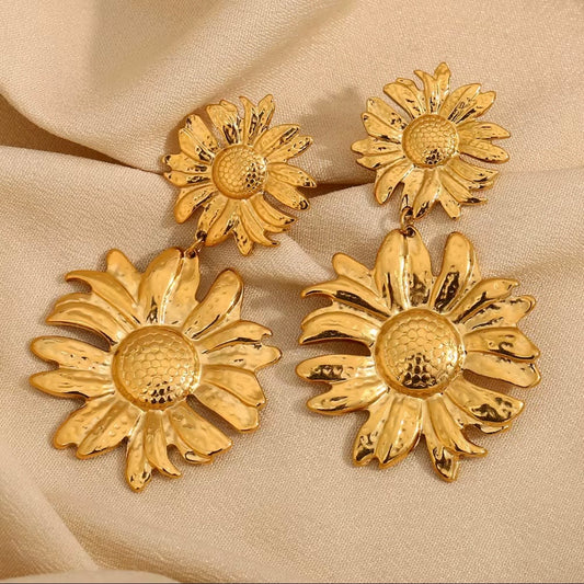 Gold sunflower stud earrings with textured petals and raised center – hypoallergenic, water- and tarnish‑resistant floral statement studs