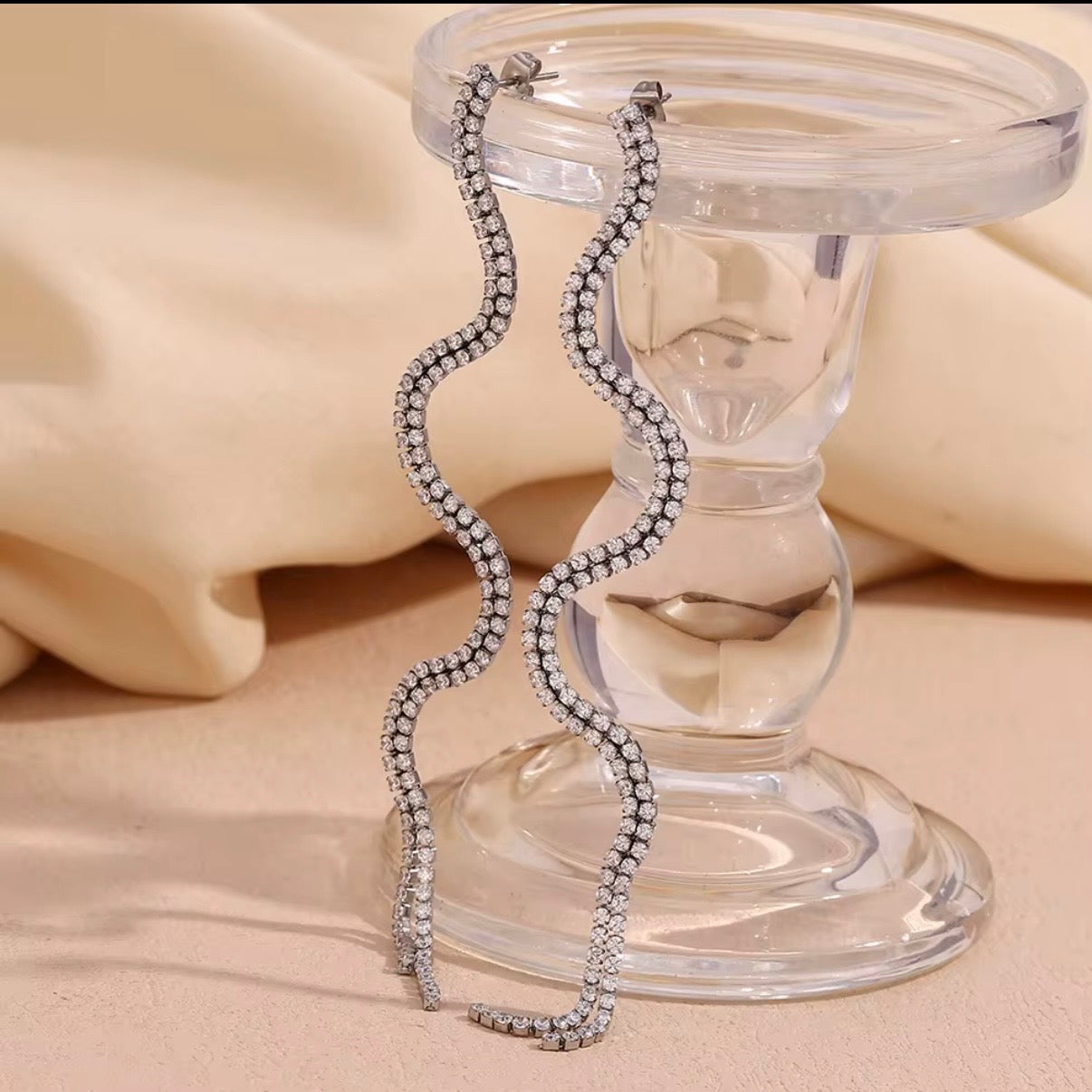 silver double-row pavé CZ crystal wave fringe drop earrings — hypoallergenic water-resistant tarnish-resistant long crystal statement earrings by The Intertwined Collective, Dallas Texas