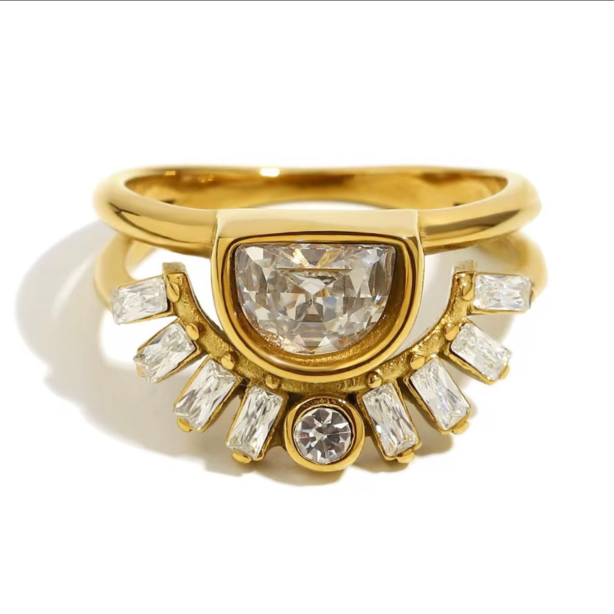 Gold double band ring set with bezel-set half-cut CZ center stone, baguette fan halo, and round CZ accent – hypoallergenic tarnish resistant statement ring