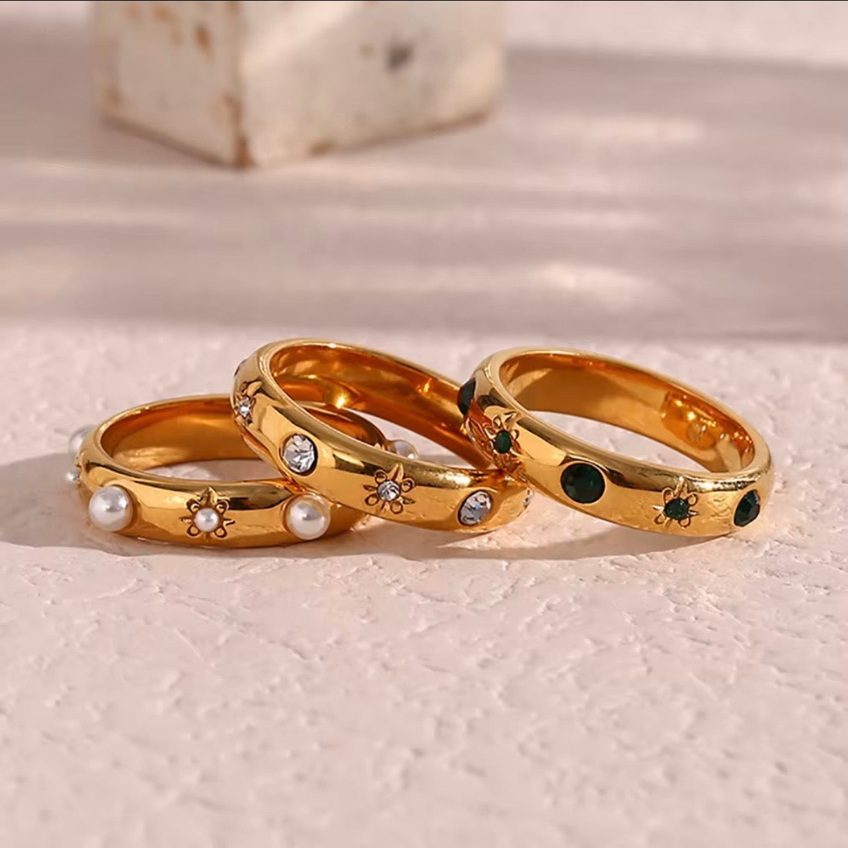 18k gold plated stainless steel celestial star dome ring with pearl and clear CZ stone accents, hypoallergenic tarnish resistant statement stacking ring by The Intertwined Collective, Dallas Texas
