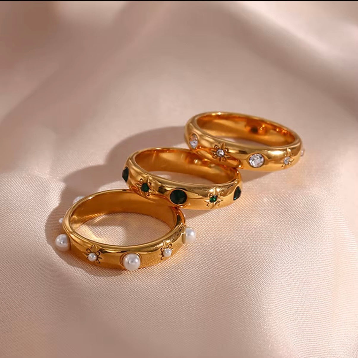 18k gold plated stainless steel celestial star dome ring with pearl and clear CZ stone accents, hypoallergenic tarnish resistant statement stacking ring by The Intertwined Collective, Dallas Texas