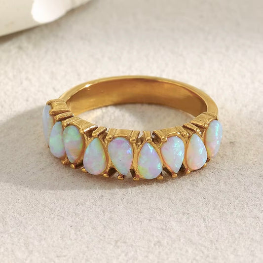 18k gold plated stainless steel pear opal eternity band ring with continuous prong-set faux opal cabochons, iridescent rainbow flash, hypoallergenic tarnish resistant everyday ring by The Intertwined Collective