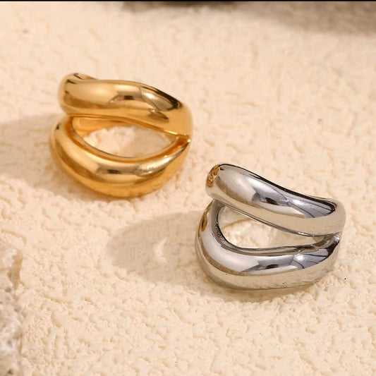 18k gold plated and silver tone stainless steel double wave dome statement ring with organic wavy sculptural silhouette and high-polish mirror finish, hypoallergenic tarnish resistant ring by The Intertwined Collective