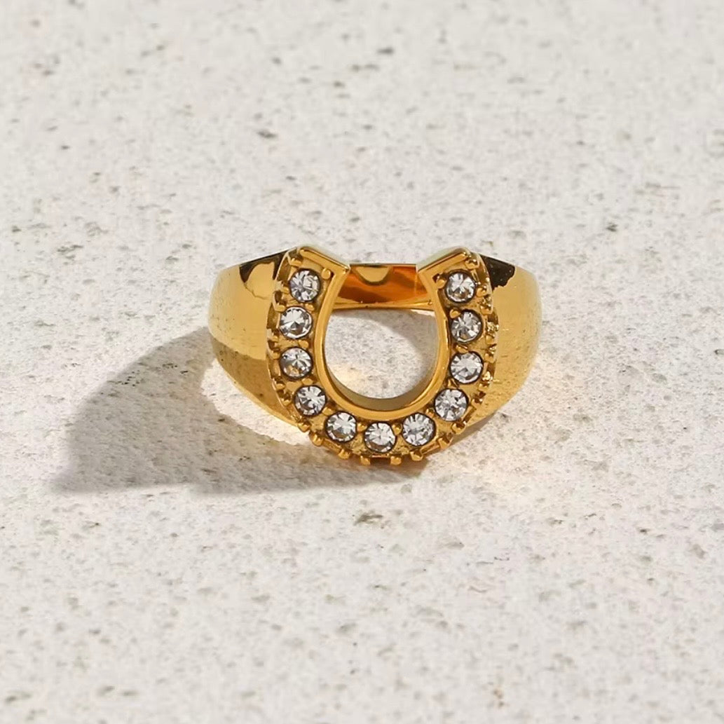 18k gold plated stainless steel pave CZ horseshoe signet ring with round prong-set clear cubic zirconia along the horseshoe curve, hypoallergenic tarnish resistant lucky charm statement ring by The Intertwined Collective