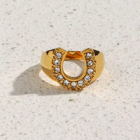 18k gold plated stainless steel pave CZ horseshoe signet ring with round prong-set clear cubic zirconia along the horseshoe curve, hypoallergenic tarnish resistant lucky charm statement ring by The Intertwined Collective