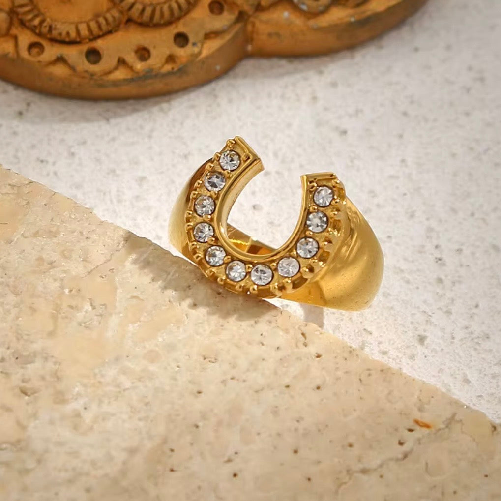 18k gold plated stainless steel pave CZ horseshoe signet ring with round prong-set clear cubic zirconia along the horseshoe curve, hypoallergenic tarnish resistant lucky charm statement ring by The Intertwined Collective