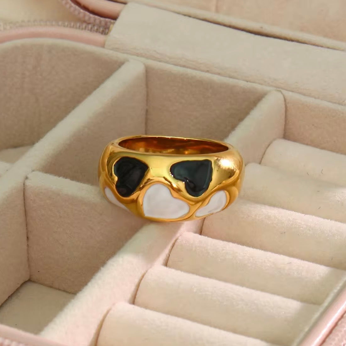 18k gold plated stainless steel wide dome statement ring with scattered black and white enamel heart inlay cutouts, hypoallergenic tarnish resistant playful statement ring by The Intertwined Collective