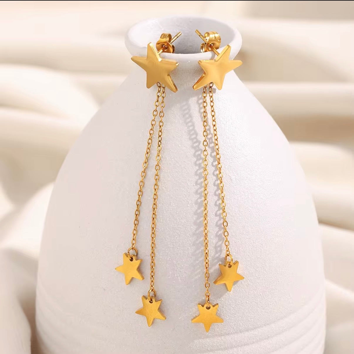 18k gold plated stainless steel star stud double chain fringe drop earrings with dangling star charms, hypoallergenic tarnish resistant celestial statement earrings by The Intertwined Collective