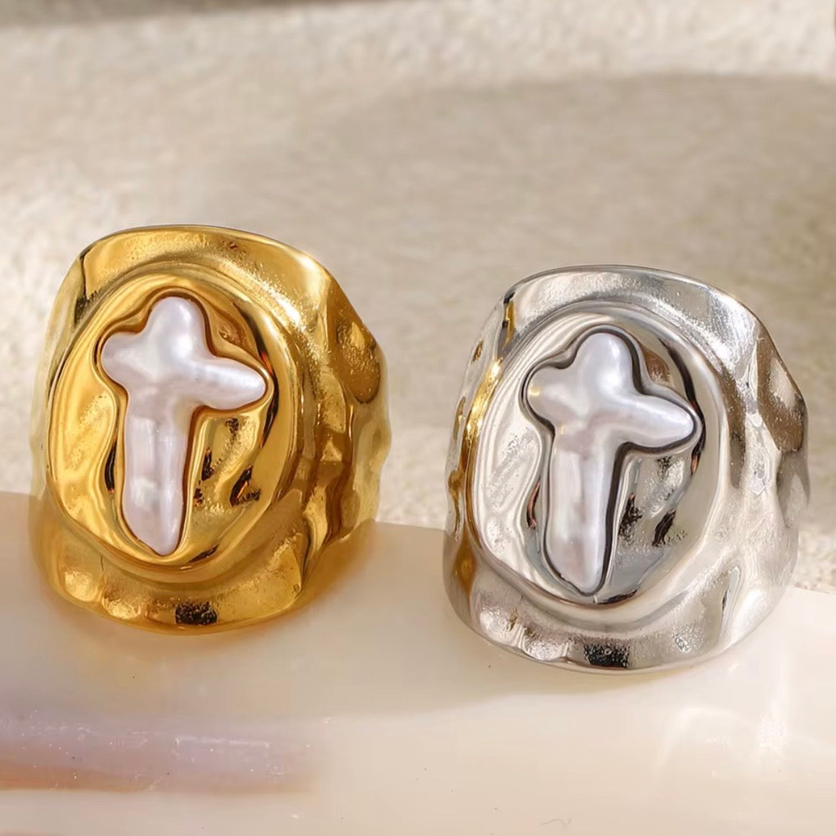 18k gold plated and silver tone stainless steel wide molten dome signet ring with mother of pearl cross inlay in oval recess, hypoallergenic tarnish resistant faith-inspired statement ring by The Intertwined Collective