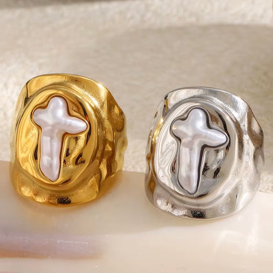 18k gold plated and silver tone stainless steel wide molten dome signet ring with mother of pearl cross inlay in oval recess, hypoallergenic tarnish resistant faith-inspired statement ring by The Intertwined Collective