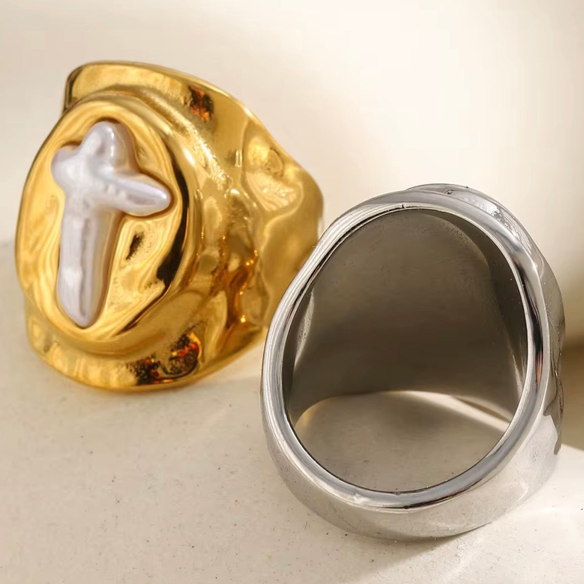 18k gold plated and silver tone stainless steel wide molten dome signet ring with mother of pearl cross inlay in oval recess, hypoallergenic tarnish resistant faith-inspired statement ring by The Intertwined Collective