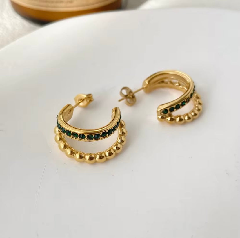 18k gold plated stainless steel double band beaded and CZ hoop earrings in clear and emerald green, hypoallergenic tarnish resistant stacked hoop earrings by The Intertwined Collective, Dallas Texas