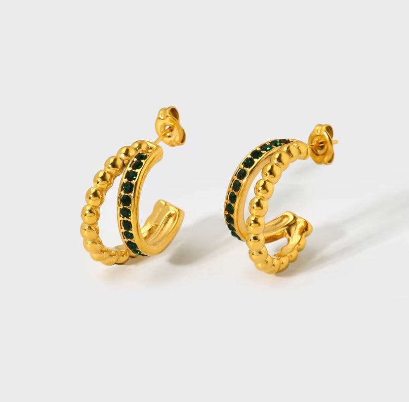18k gold plated stainless steel double band beaded and CZ hoop earrings in clear and emerald green, hypoallergenic tarnish resistant stacked hoop earrings by The Intertwined Collective, Dallas Texas