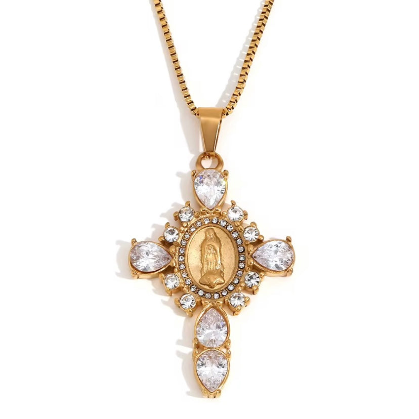 Virgin Mary Pendant Cross - Gold