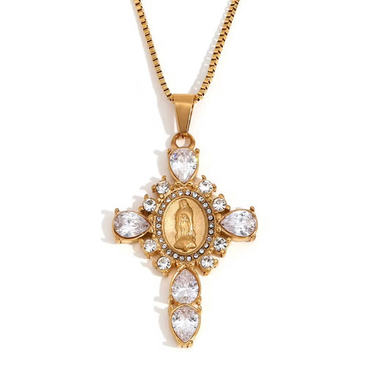 Virgin Mary Pendant Cross - Gold