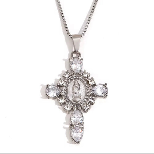Virgin Mary Pendant Cross - Silver