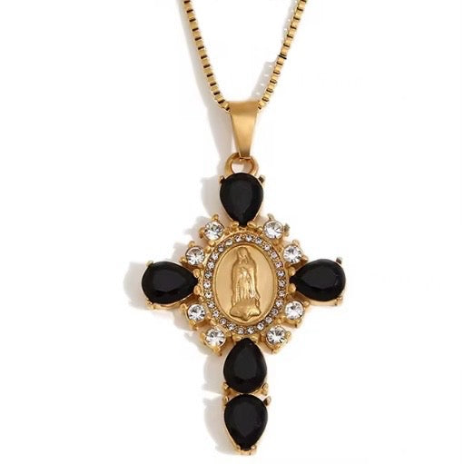 Virgin Mary Pendant Cross - Black