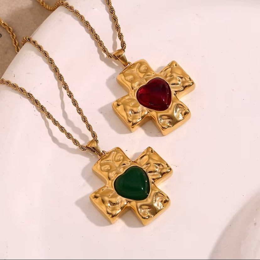 Hammered cross with agate gemstone heart - Red