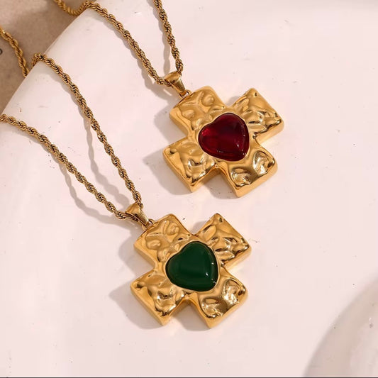 Hammered cross with agate gemstone heart - Red